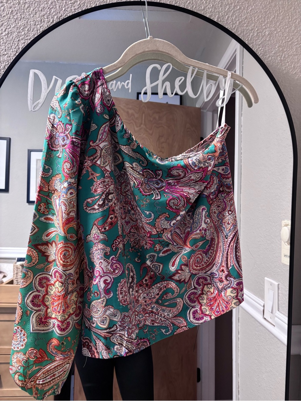 (2) One-Shoulder Paisley Satin Tops — green and beige